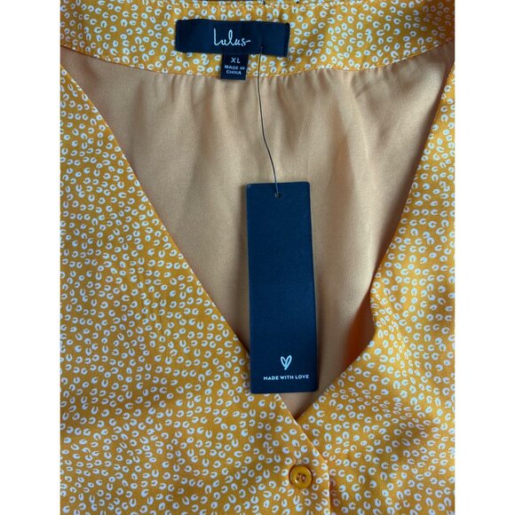 Lulus Castana Mustard Yellow Button-Up Dress With Ruffle Sleeves & Tie Back XL - Picture 14 of 16